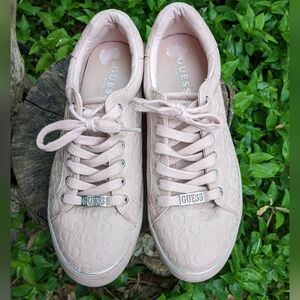 GUESS Blush Pink Designer Manmade Leather Lace Up Logo Print Sneakers